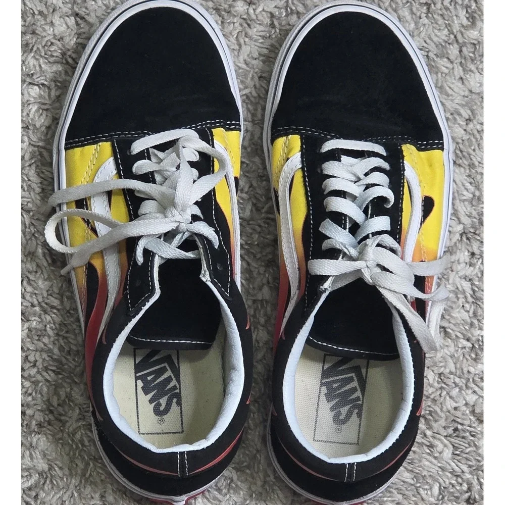 Vans Old Skool Flame Sneakers Mens 8.5 Womens 10 Black Yellow Red Skate Shoes